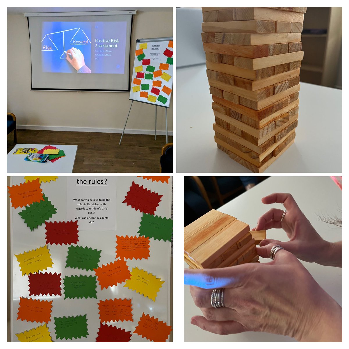 Justacarehomeg1's tweet photo. Great awareness session on 'Positive Risk' with @rashielee staff this afternoon. Discussing risk, rules & person centred care. All kicked off with ice breaker Jenga!
#positiverisks #breaktherules https://t.co/J73Odr1URk