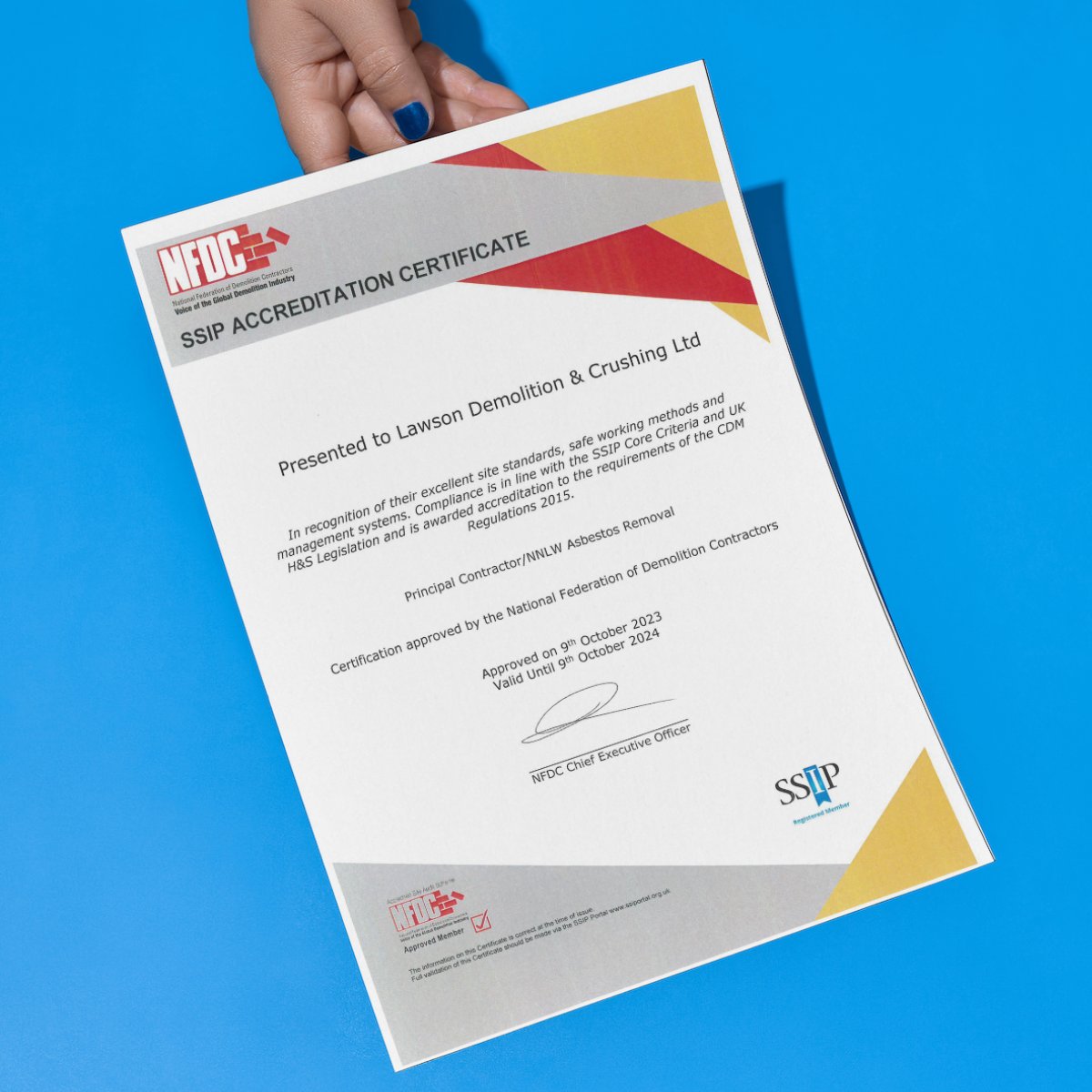 LawsonDemo's tweet photo. 🎉 These achievements just keep rolling in! Another recognition of our diligent work to ensure we meet excellent working conditions on-site, #NFDC has awarded us our SSiP #accreditation for NNLW #Asbestos Removal. #Achievement #certificate #lawsongroup #lawsondemolition #NFDC https://t.co/vwMKVA1ea2