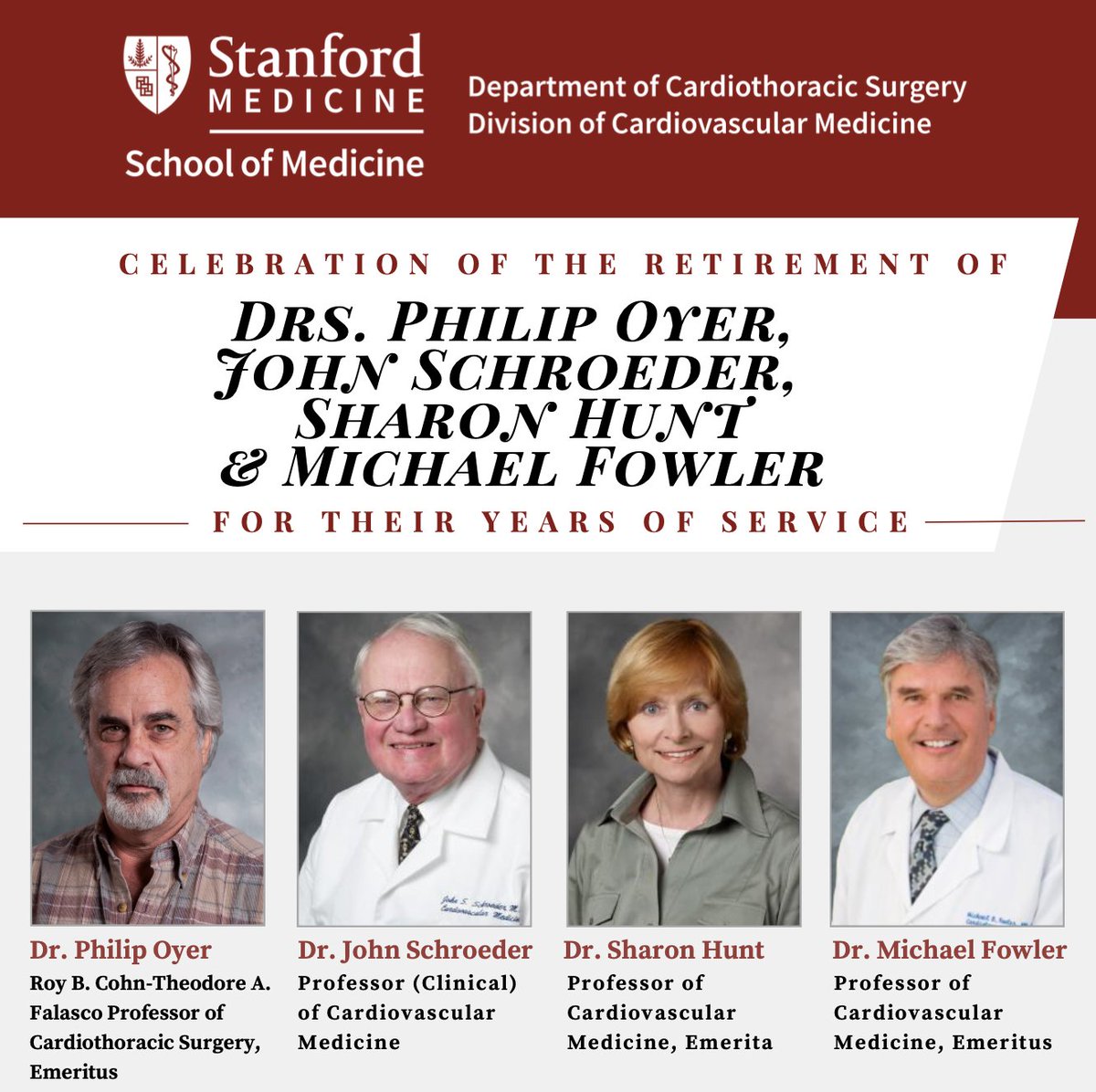 Celebrate good times! We invite you to join us in honoring the outstanding careers in 🫁and🫀of Drs. Philip Oyer, John Schroeder, Sharon Hunt, & Michael Fowler in a special send-off celebration. 🎉 TODAY Mon Oct 20th.  Don't miss out #Respect #RetirementCelebration #Stanford
