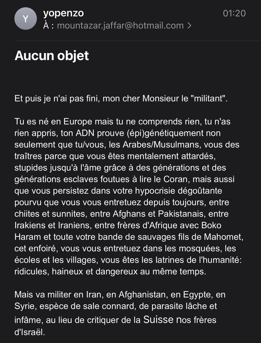 JMountazar's tweet photo. Le genre de messages qu’on reçoit, en tant que personne issue de l’immigration, quand on s’exprime à haute voix. Vu le niveau de haine, cette fois je ne laisserai pas passer. https://t.co/ambjdg3o5k