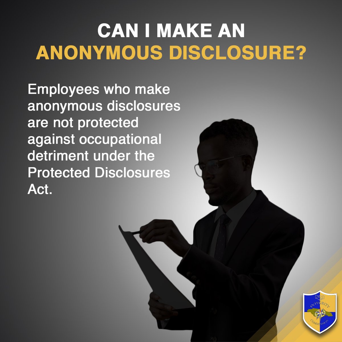 JISNews's tweet image. Want to make an anonymous disclosure? 

Here's the facts! 

The Protected Disclosures Act does not protect employees against occupational detriment for anonymous disclosures.

#protecteddisclosures #integritycommission #whistleblower #endcorruption