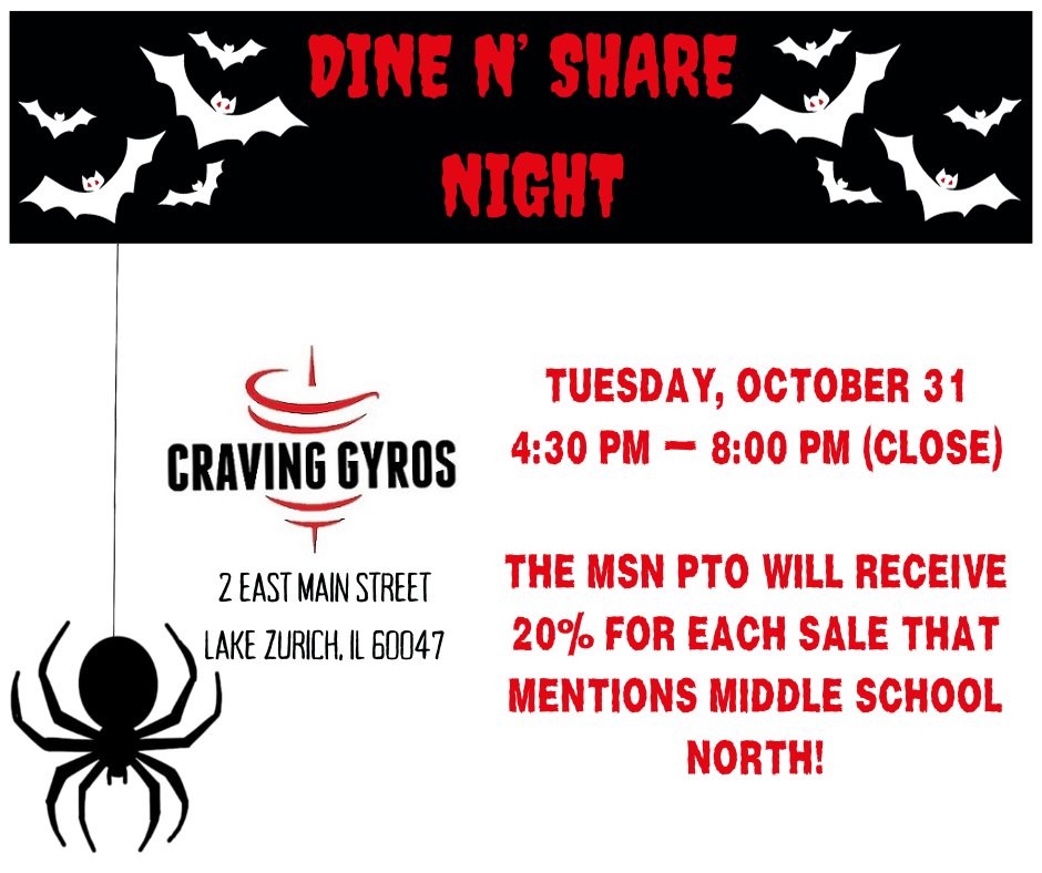 Ghosts, Ghouls and Goblins, this treat is for you! Devour a delicious meal at Craving Gyros tonight! Mention MSN PTO and we'll receive 20% of each sale! @TJakowitsch @BcrowleyD95 @GalltKelley