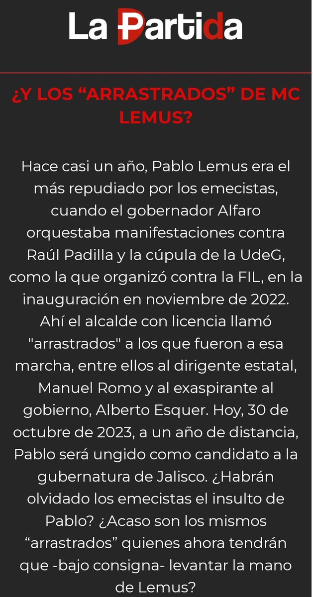 Partiderode10's tweet photo. #Opinión | Hace casi un año #Lemus era el más odiado entre los #alfaristas "arrastrados" #FIL2022, hoy, le tienen que levantar la mano. #LaPartida de este lunes. 👇🏻
https://t.co/HtwJvSlgbd https://t.co/o5IVdT25Eo