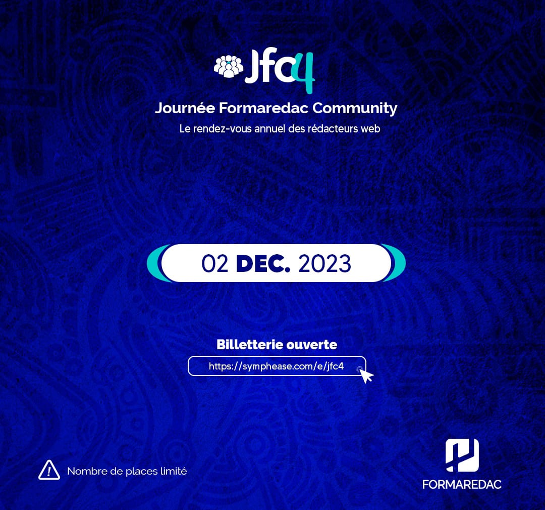 formaredac's tweet photo. ELLE EST ENFIN LA...
Le rendez-vous annuel des rédacteurs web est de retour pour une nouvelle édition qui promet d'être mémorable.
👇👇👇
#jfc4 #formaredaccommunity #rédacteursweb https://t.co/KIGrexq6Mo