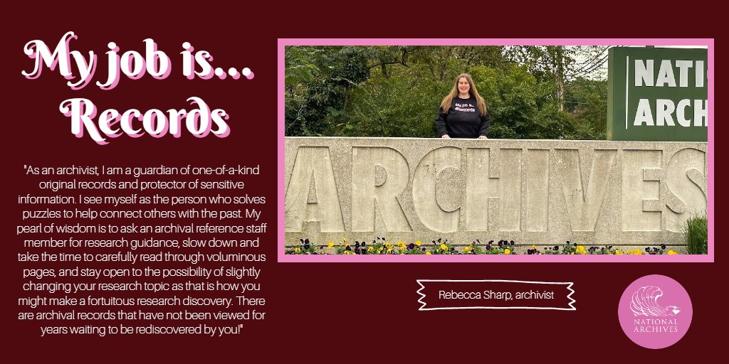 USNatArchives's tweet photo. Their job is… records.

Like Rebecca Sharp, who works as an archivist at the National Archives. Her words of advice? Ask an archival reference staff member for research guidance, slow down and take the time, and stay flexible to various research topics.

#AmericanArchivesMonth https://t.co/Izc1R9qoeI