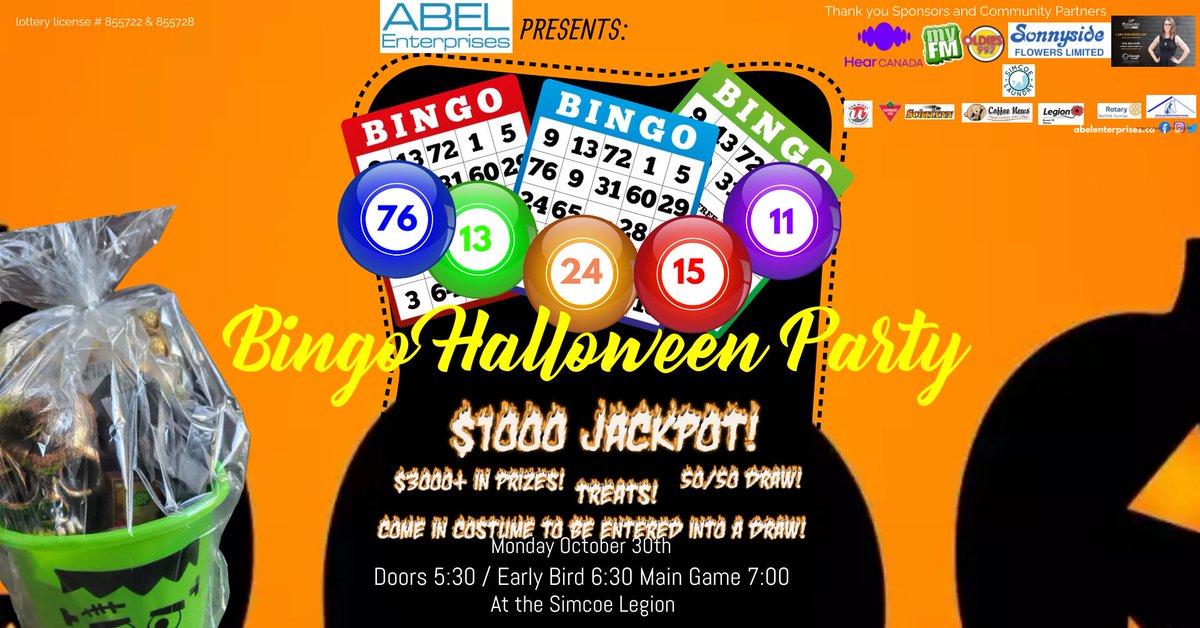 Join us tonight at the Simcoe Legion! 

Costumes are not mandatory, but everyone wearing one will be entered into a draw! 

Doors at 5:30, early bird games at 6:30 and main games at 7!

50/50 draw!

Simcoe and District Humane Society Concession Booth!