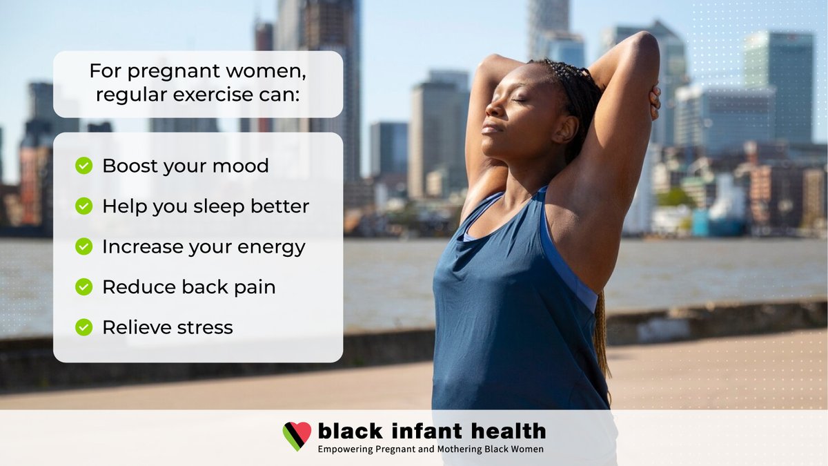 Try to do a daily heart-pumping activity like walking, dancing, swimming, or raking leaves in your yard. Even 5 minutes of exercise can make a difference! Find more info on staying active during pregnancy here bit.ly/3ERyvme #BlackFitness #BlackGirlMagic #BlackWellness