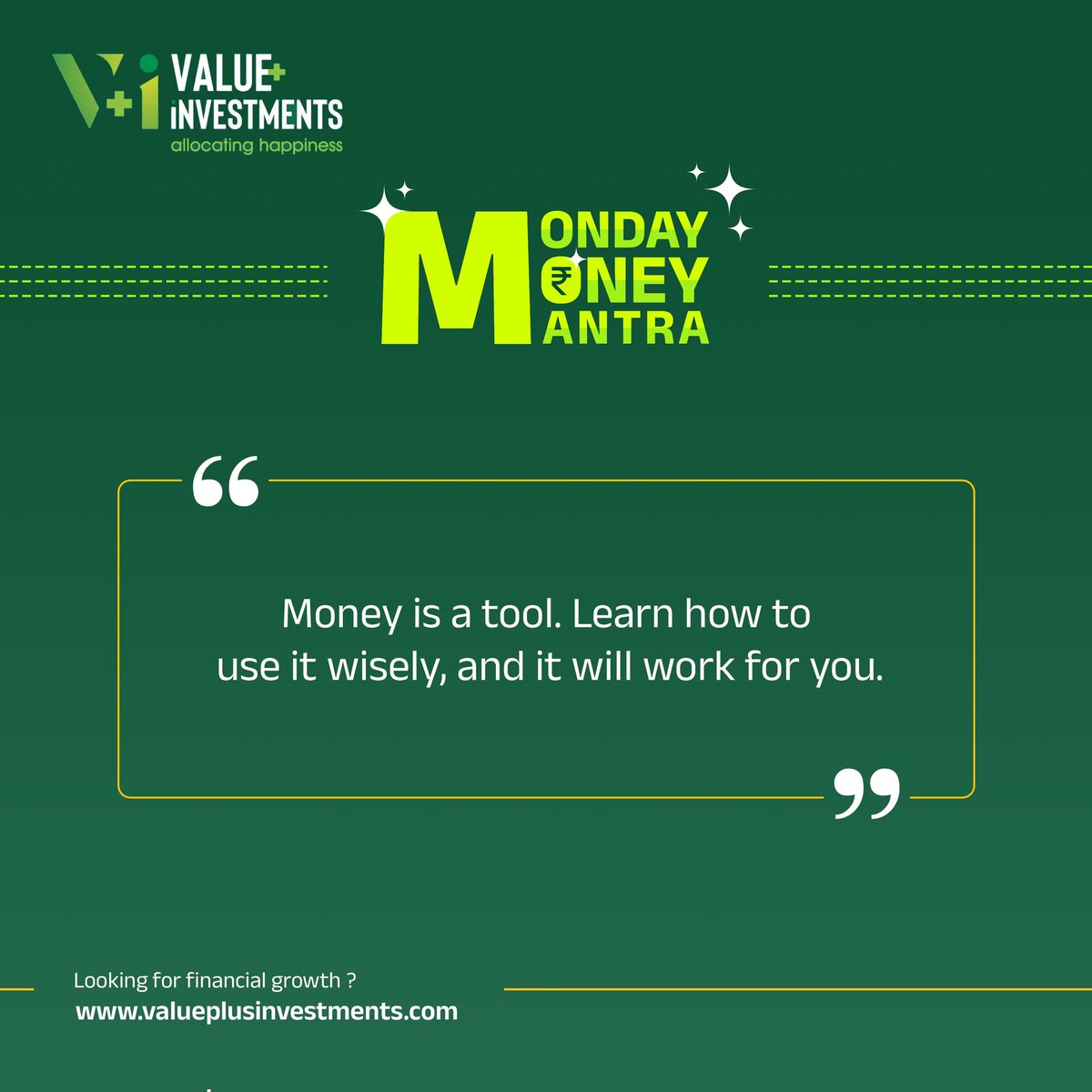 Unlock the potential of your finances with today's insightful quote: 'Money is a tool. Learn how to use it wisely, and it will work for you.' 💰💡

#ValuePlusInvestments
#FinancialWisdom #MoneyMatters #FinancialGoals #MoneyMonday #SmartInvesting #WealthManagement #MoneyTalk