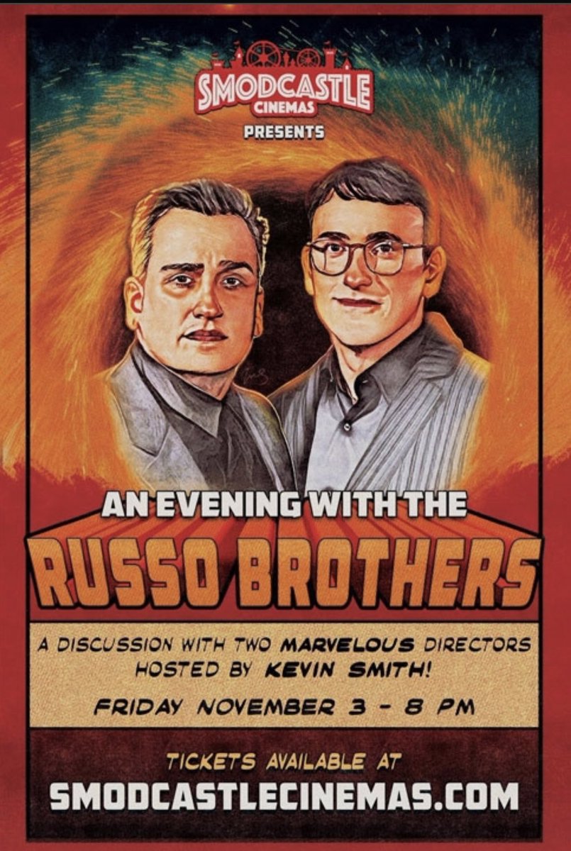 FRIDAY NIGHT at @SmodCinemas! The architects of ENDGAME come to the Castle to talk about their blockbuster careers! Join us as I interview THE RUSSO BROS! Friday at 8pm! Get tickets at smodcastlecinemas.com/movie/An%5FEve… (Awesome art by @DarkNateReturns!)