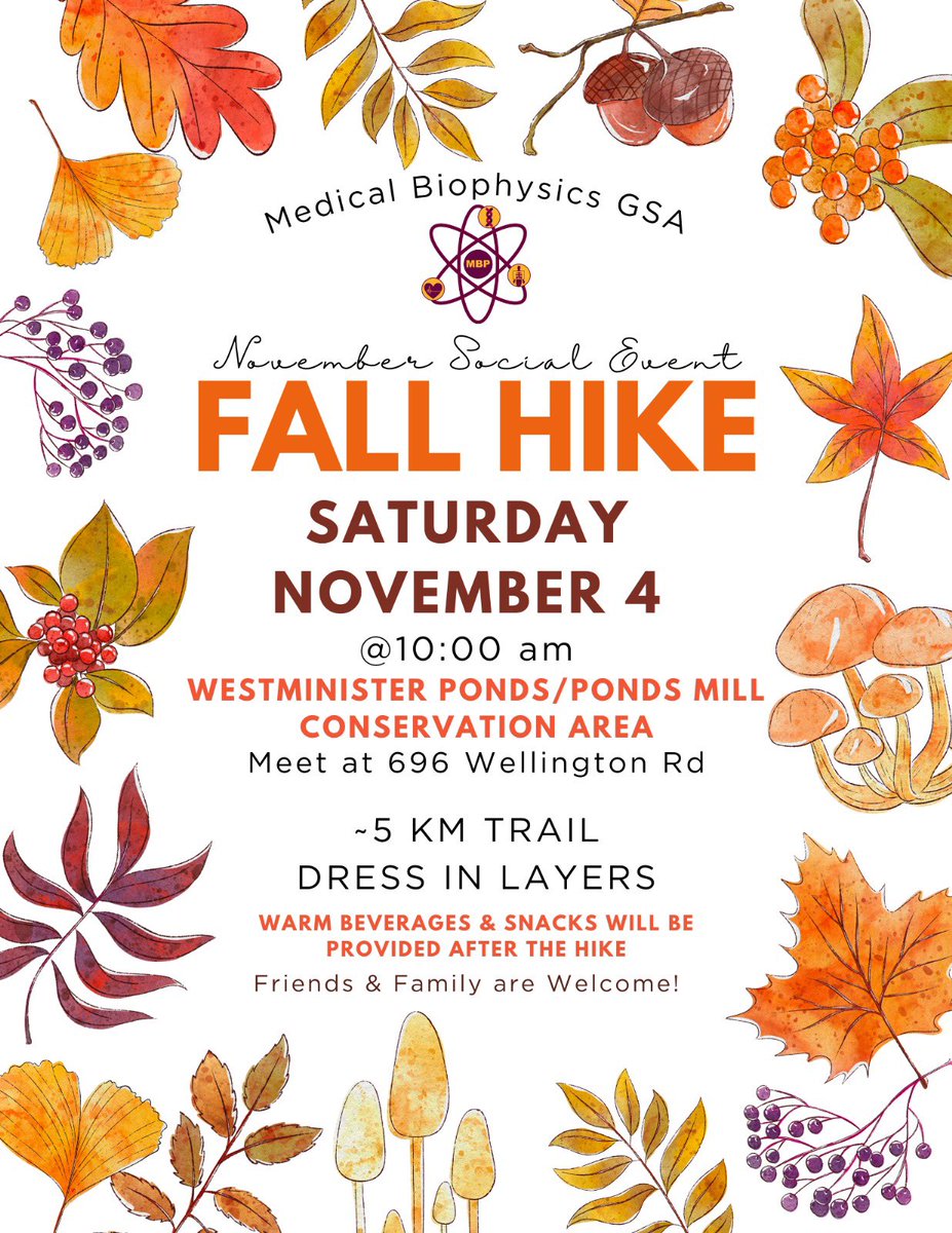 MBP_GSA's tweet image. Hey MBP grad students, join us for a fall hike!
When: Saturday November 4th, 10:00am
Where: Westminster Ponds/ Ponds Mill Conservation area, meet at 696 Wellington Rd
RSVP here: forms.gle/mNXfwLHRjX9yF2…