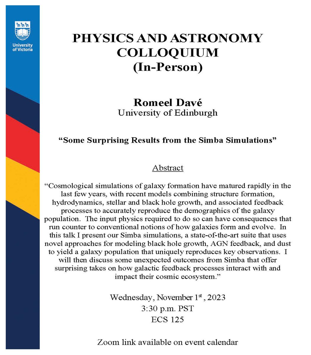COLLOQUIUM (In Person): Dr. Romeel Davé, University of Edinburgh, will give an in person colloquium on Wednesday, November 1st at 3:30pm PST. For more information: events.uvic.ca/physics/event/…