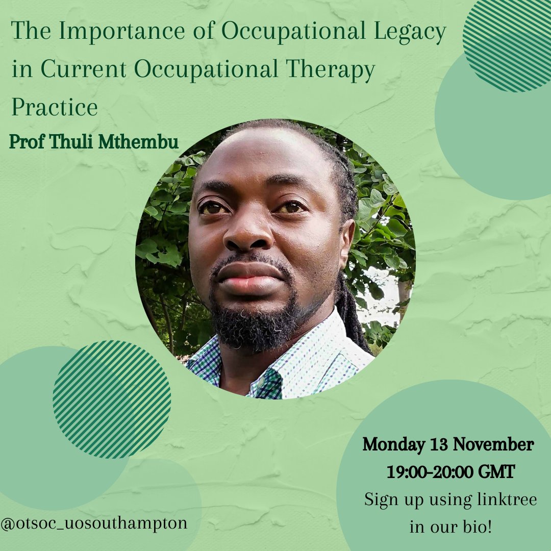 We will be hosting our second academic talk on Monday 13 November at 7pm on Teams 💚 Our external speaker professor Thuli Mthembu from South Africa will be talking about occupational legacy in the contemporary context. Sign up using our linktree!