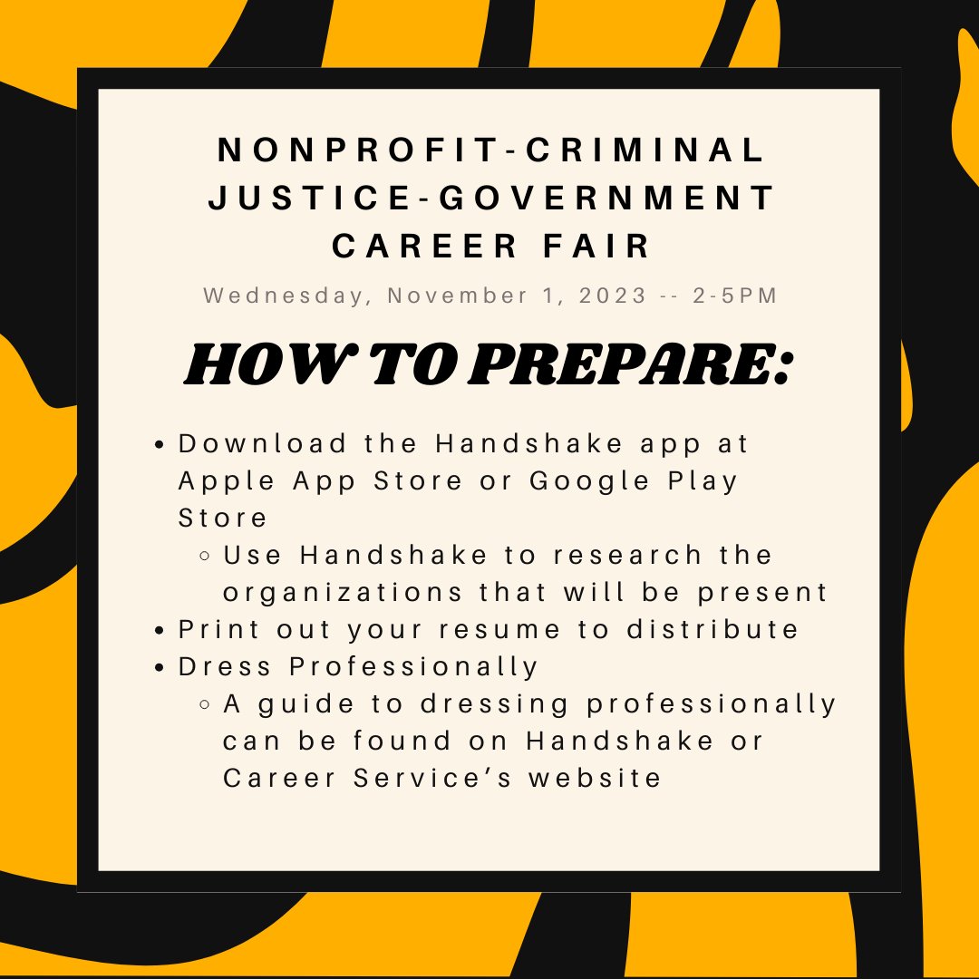 The Nonprofit-Criminal Justice-Government career fair is rapidly approaching! Can't wait to see all of you there! Registration is not required, but be sure to bring your ALL Card day-of.