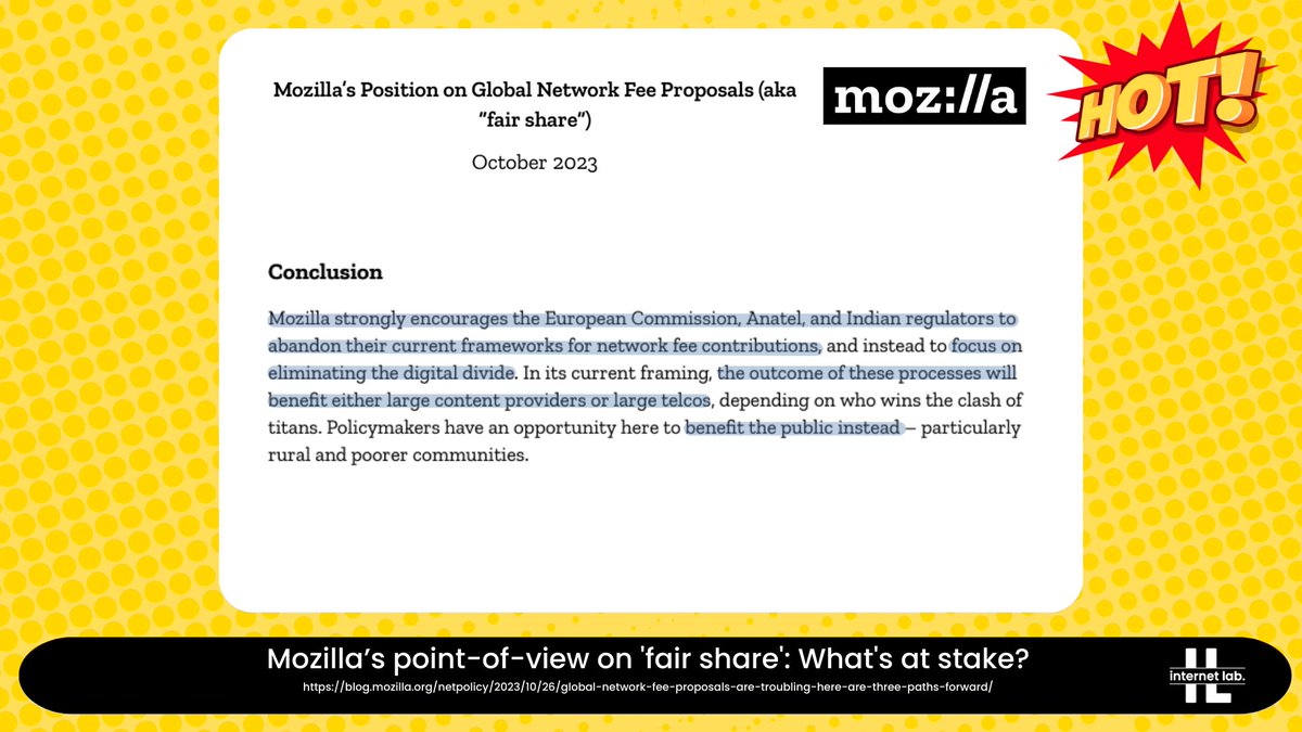 🔥 @mozilla's perspective on the #FairShare: 

➡️ #NetworkFees do violate #NetNeutrality
➡️ policy makers need to drop this idea and shift their focus to eliminating the digital divide to benefit the public

🔗 blog.mozilla.org/netpolicy/2023…

#OpenInternet