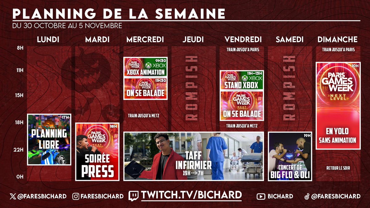 FaresBichard's tweet photo. 5 ans de streaming jamais sorti de planning 
Ce planning est surtout la pour m’organiser moi 👀

En résumé 
1️⃣ #pgw la moitié de la semaine sur le stand @XboxFR 

2️⃣ Concert de @bigfloetoli samedi donc pas la ça va chanter fort  

3️⃣ Et surtout 3 postes de nuit dans la semaine lol