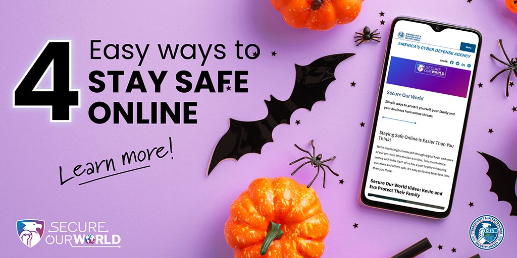 CISAgov's tweet image. Cybersecurity doesn’t have to be scary! Learn 4 SIMPLE THINGS you can do to keep yourself and your family SAFE ONLINE.  #CybersecurityAwarenessMonth #SecureOurWorld go.dhs.gov/o6C