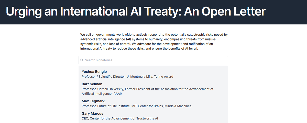 TolgaBilge_'s tweet photo. Top AI and Policy Experts Call for an International AI Safety Treaty

In an open letter we just published, top experts including Yoshua Bengio, and over 100 others urge AI treaty developent to begin.

We encourage all members of the public to sign below: