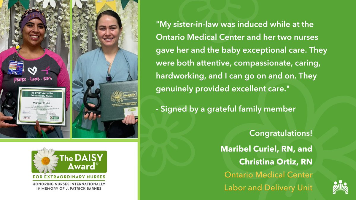 KPSanBernardino's tweet photo. Congrats to Maribel Curiel, RN, and Christina Ortiz, RN, honored with the at our Ontario Medical Center Labor and Delivery unit. Nominated by a grateful family member, these nurses provided exceptional care during a challenging time. #DAISYAward #Nursing #KPSBC https://t.co/CXW1y800k0