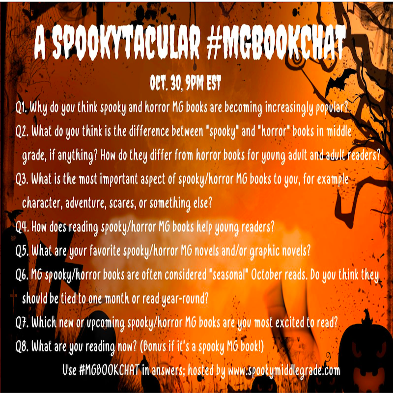 Greetings #MGBookChat friends - just a reminder that tonight @SpookyMGBooks hosts the discussion A SPOOKYTACULAR #MGBOOKCHAT The questions are below. Hope to see you @ 9 PM EST.