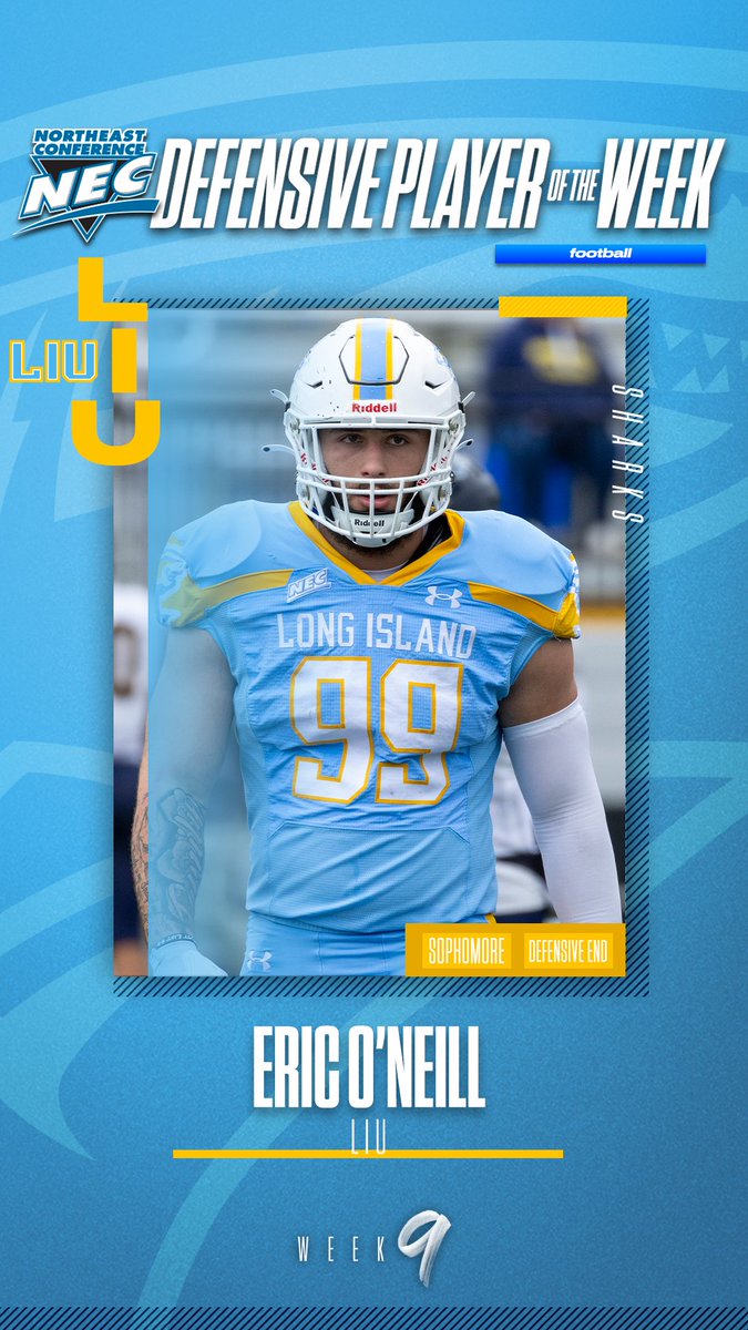 NECFootball's tweet image. 🏅 Official #NECFB Defensive Player of the Week 🏅

👉 Eric O'Neill, @LIUAthletics 

📓 O'Neill made the most of his CBS Sports Net debut. The 2022 DPOY was all over the gridiron, amassing 11 tackles, 2.0 TFL &amp;amp; 1.0 sack in the 🦈 comeback win at CCSU. This is his 2nd DPOW award.