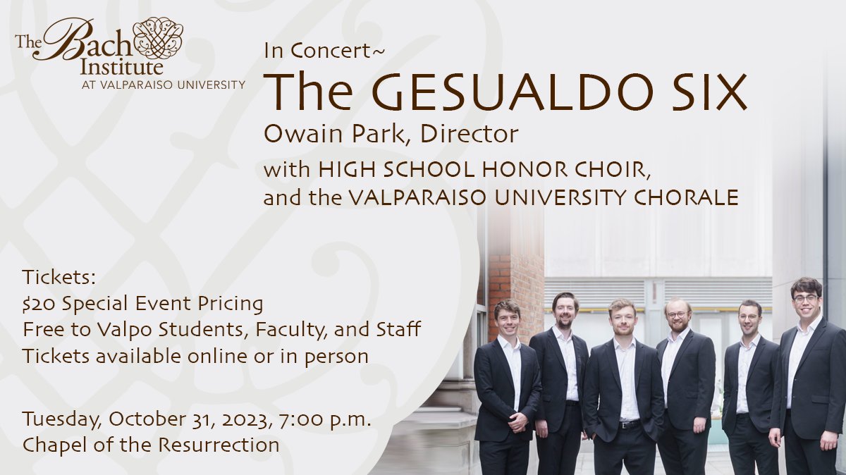 You won't want to miss the incredible singing by The Gesualdo Six.  Get your tickets for tomorrow's performance -- the kick-off for their American tour. (See comments for link.) #valpomusic