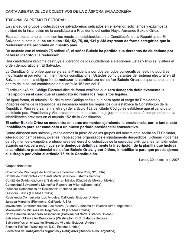 Grupos de la diáspora salvadoreña en el exterior solicitamos al @TSEElSalvador  rechace la inscripción de Nayib Bukele por ir en contra de prohibiciones constitucionales y ser una acción que viola el principio de alternancia. 

#NoALaReelección
#DiasporaEnResistencia