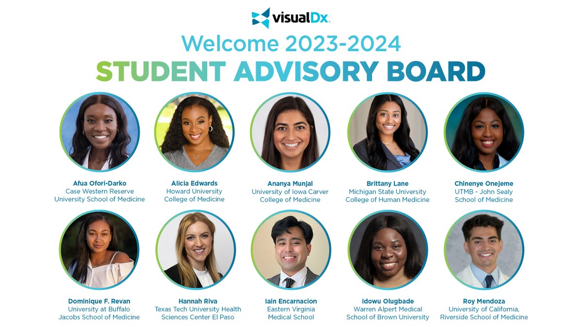 Meet the 2023-2024 VisualDx Student Advisory Board. These medical students are making an impact in medicine, building long-lasting connections, and are part of a social movement to improve patient care. Welcome!! bit.ly/3FyzBDB