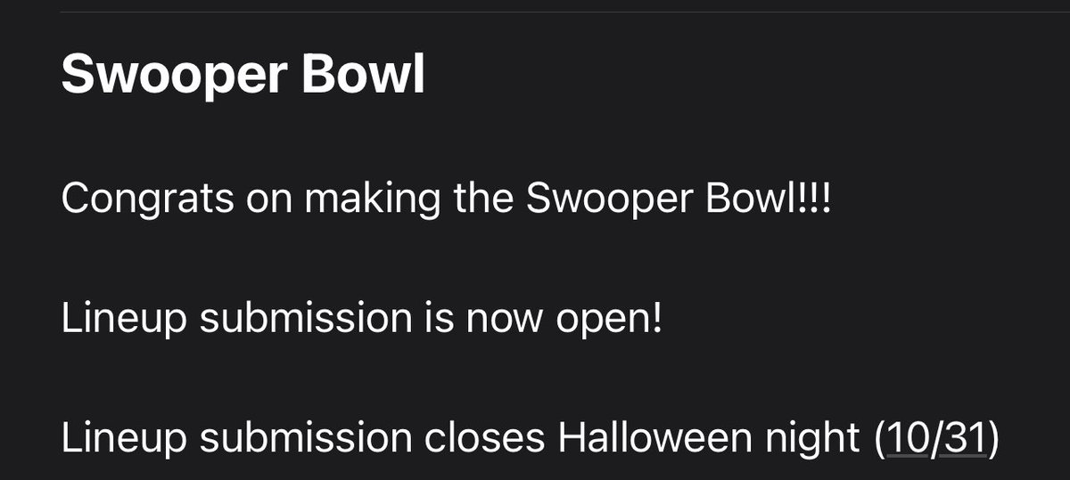 Very proud to have 5 teams make the SwooperBowl &amp; 2 teams make The Bronze Jug <a href="/PlaySwoops/">Swoops</a> end of season tournaments!

Congrats to <a href="/knight_jays/">Knight Jays</a>, Tragic Delight, <a href="/ApexInstigators/">Apex Instigators • PlaySwoops Franchise</a>, <a href="/EPOCH2140Swoops/">EPOCH 2140 Swoops</a>, @OhGeezSwoops, Knight Strays, and <a href="/Lifitect/">Lifitect</a> on your regular seasons! 

Good Luck!