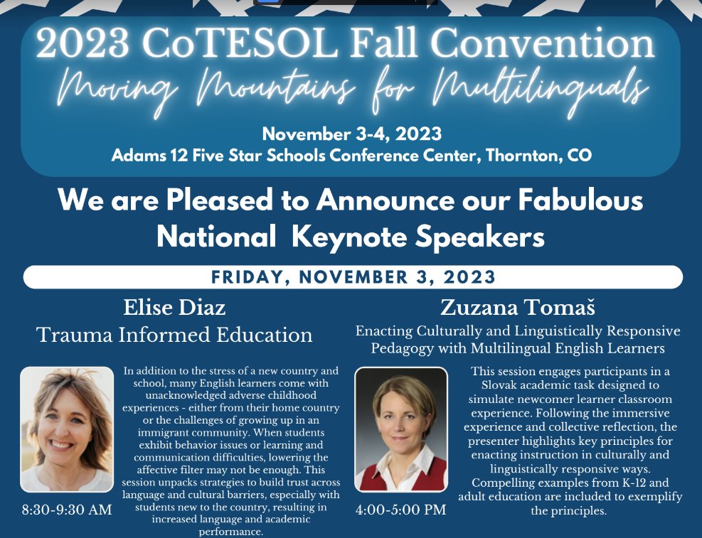 I'm excited to keynote CoTesol's Fall Convention: Moving Mountains for Multilinguals on Friday. I'd love to see you there! #CoTESOL