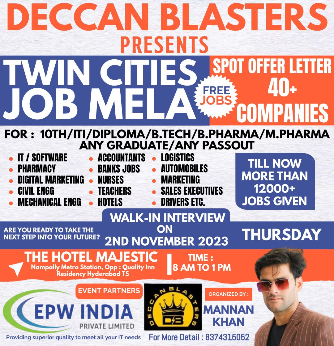 November 2nd ,2023. Twin Cities (Hyderabad/Secunderabad) Job Mela at The Hotel Majestic in Nampally Hyderabad.
Join us Fantastic Functional Team to fulfill your dreams.
Interested candidates can come with their latest resume. @epwindiapvtltd
#Jobmela
#Hyderabad #freejobs
