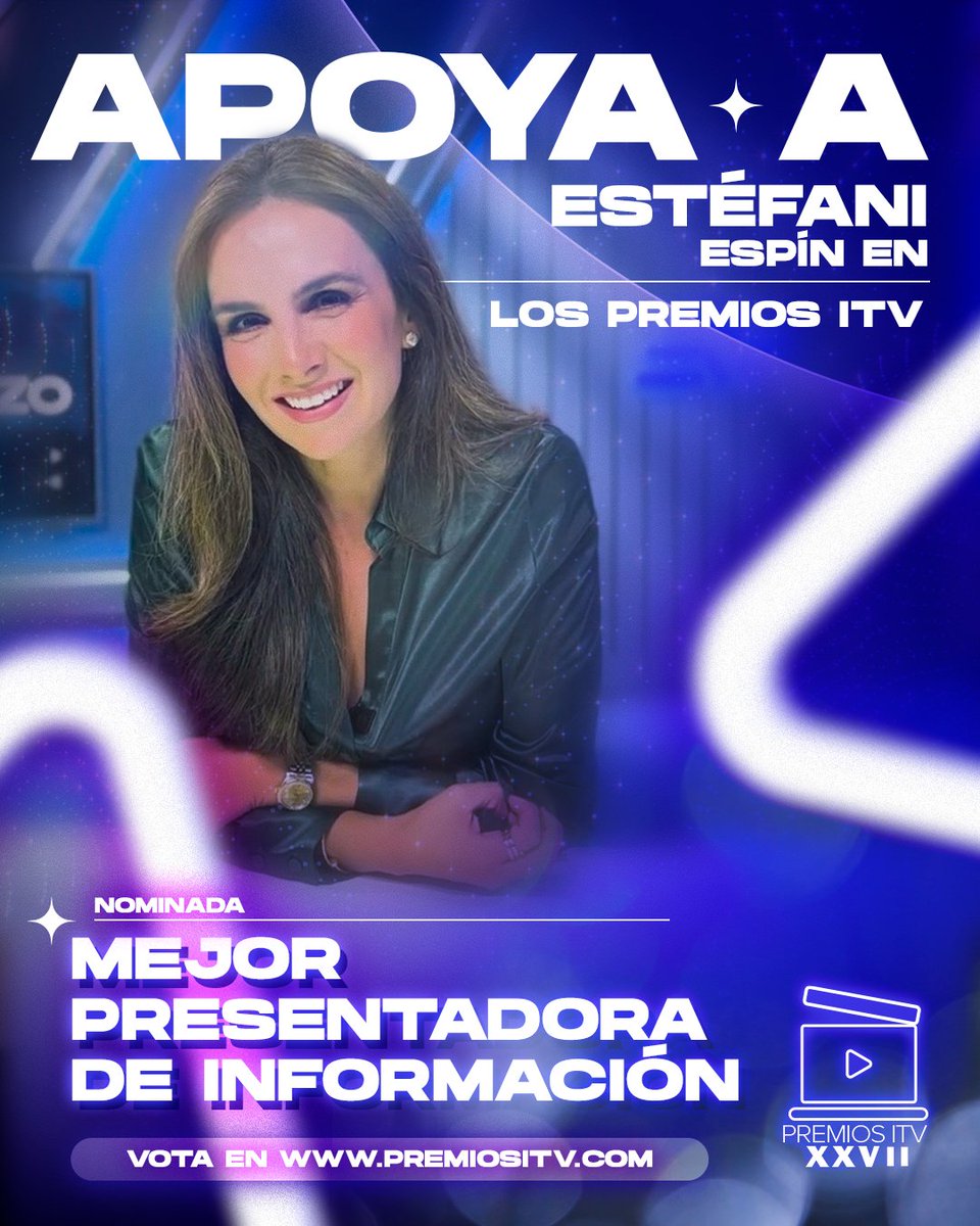 📺 Estéfani Espín está nominada a mejor presentadora de información, noticias e investigación en los Premios ITV (<a href="/ITVecuador/">ITV</a>) 👏
-
Apóyala y dale tu voto aquí 👉 bit.ly/3tMC6Q9