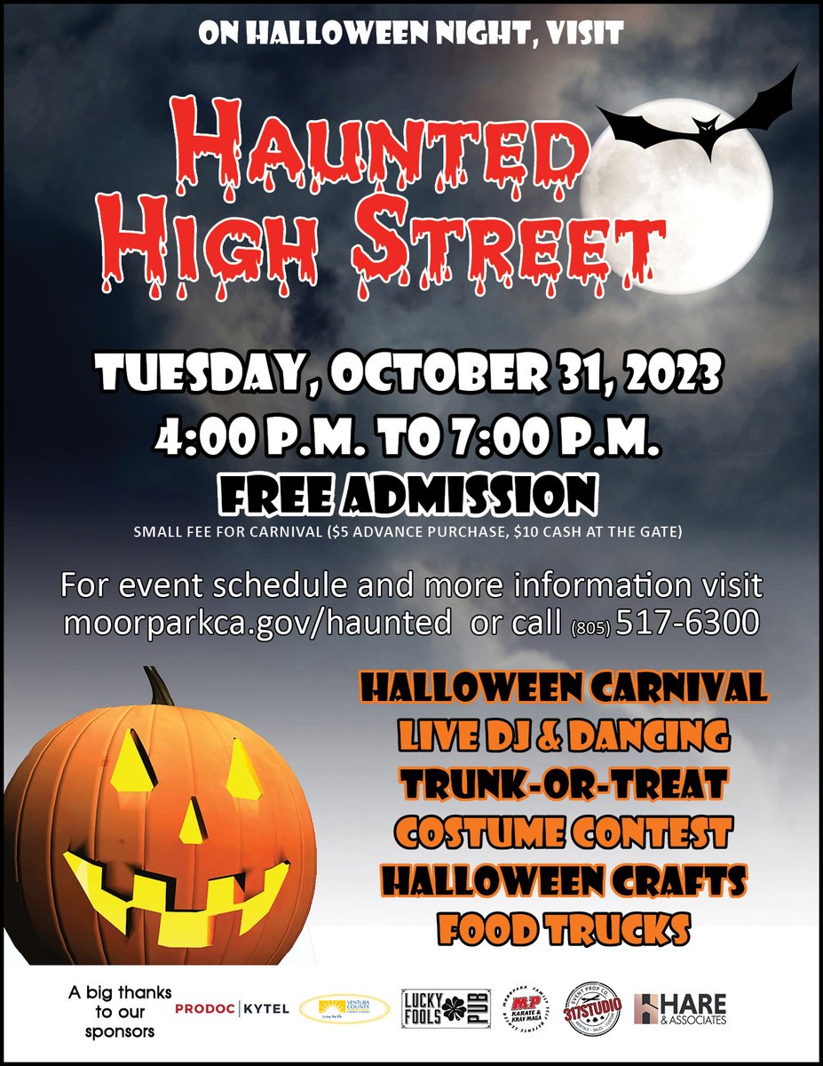 Get ready for boos (the happy, haunted kind!) because Haunted High Street is coming! Come join us on Halloween night (Tuesday, Oct 31) on High Street for some free Halloween fun (thanks to our sponsors), a carnival (small fee) & food trucks! More info at moorparkca.gov/haunted