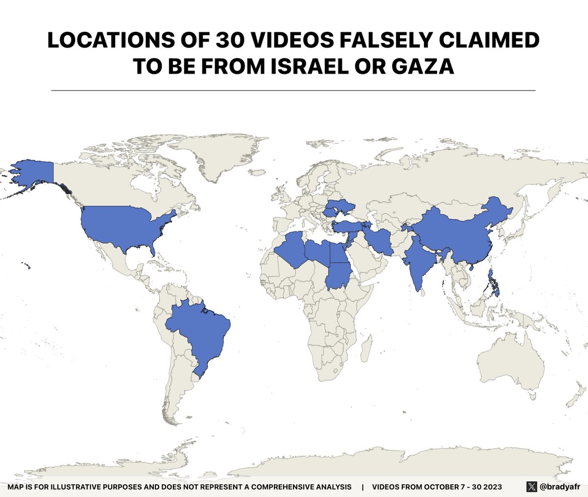 Videos falsely claiming to be from Israel or Gaza have become widespread online over the past few weeks. As this map shows, misinformation often relies on unrelated content from elsewhere in the world that is reposted with a misleading caption.