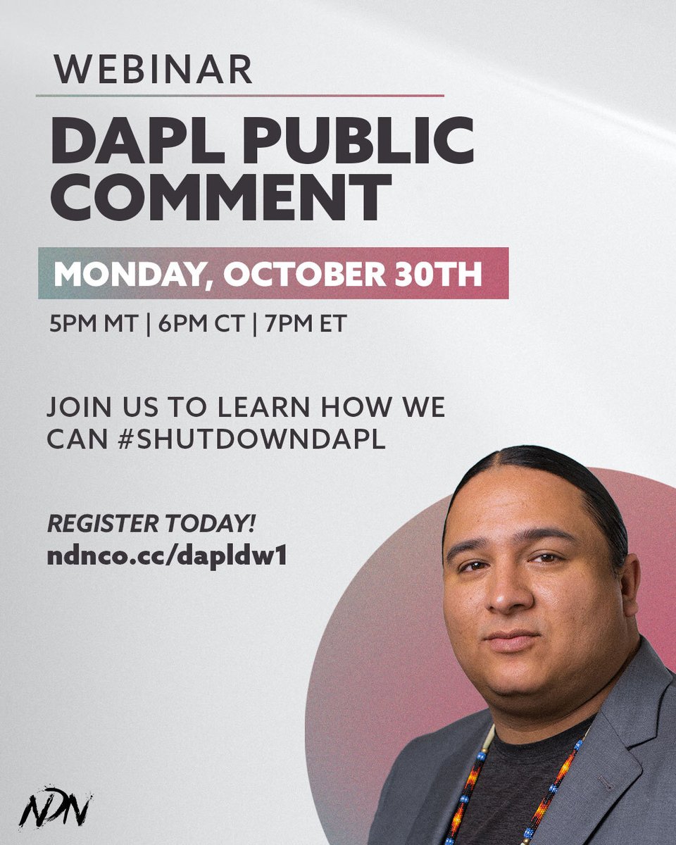 TONIGHT! Join @NickTilsen and I as we share the latest in the fight to #SHUTDOWNDAPL! We have a unique opportunity RIGHT NOW to show up and ensure that this pipeline no longer operates illegally and undermines Indigenous rights. Register here: ndnco.cc/dapldw1