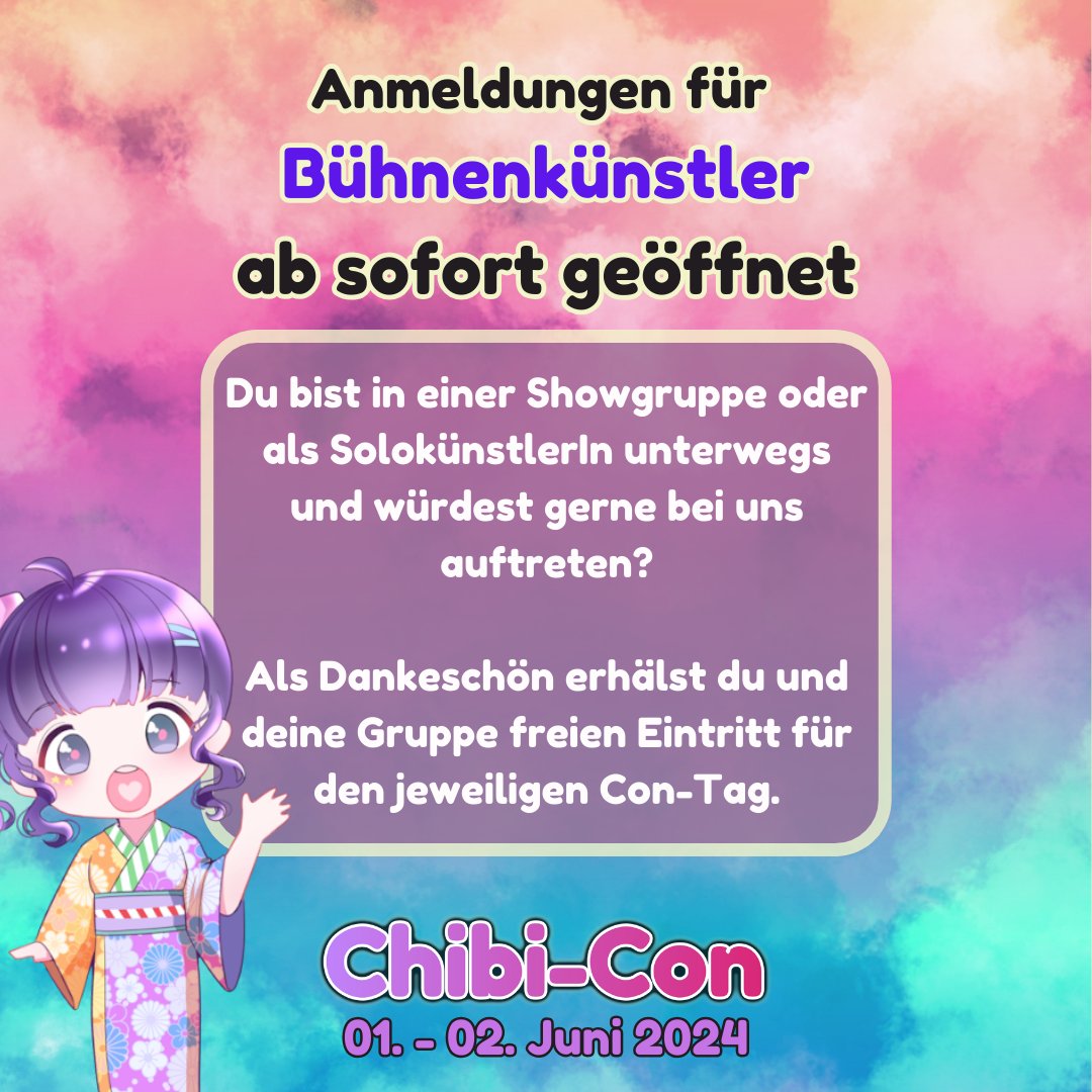 Du hast ein Talent und möchtest auf die Chibi-Bühne? Egal ob Gesang, Tanz oder Comedy. Hier kannst du dich jetzt anmelden: chibicon.ch/form/show

#chibicon #kpop #animecomedy #showgruppe