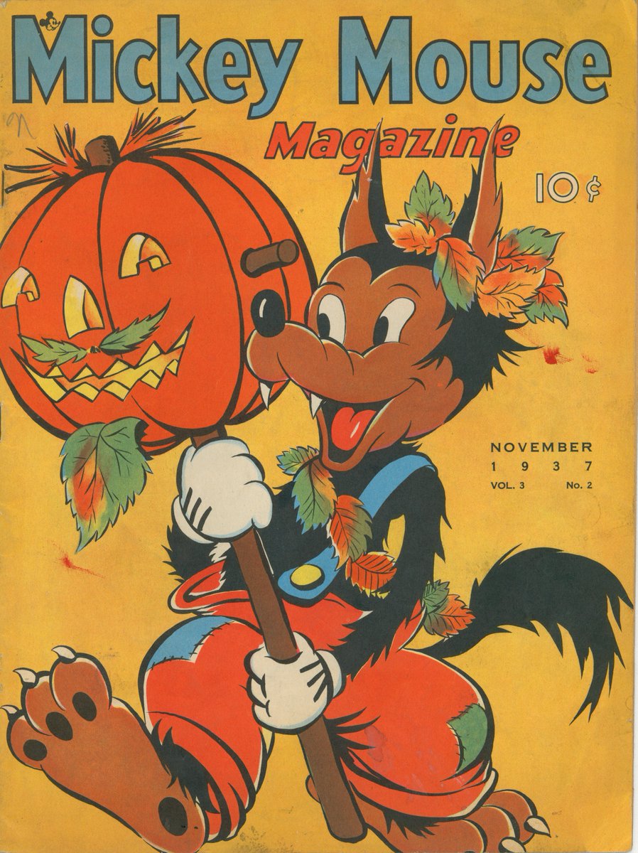 In celebration of the Halloween season, we are showcasing some of the spookiest artifacts in our collection. 🎃 One of the titular characters from 'Three Little Wolves' (1936), a sequel to 'Three Little Pigs' (1933), was featured on the cover of Mickey Mouse Magazine in 1937.