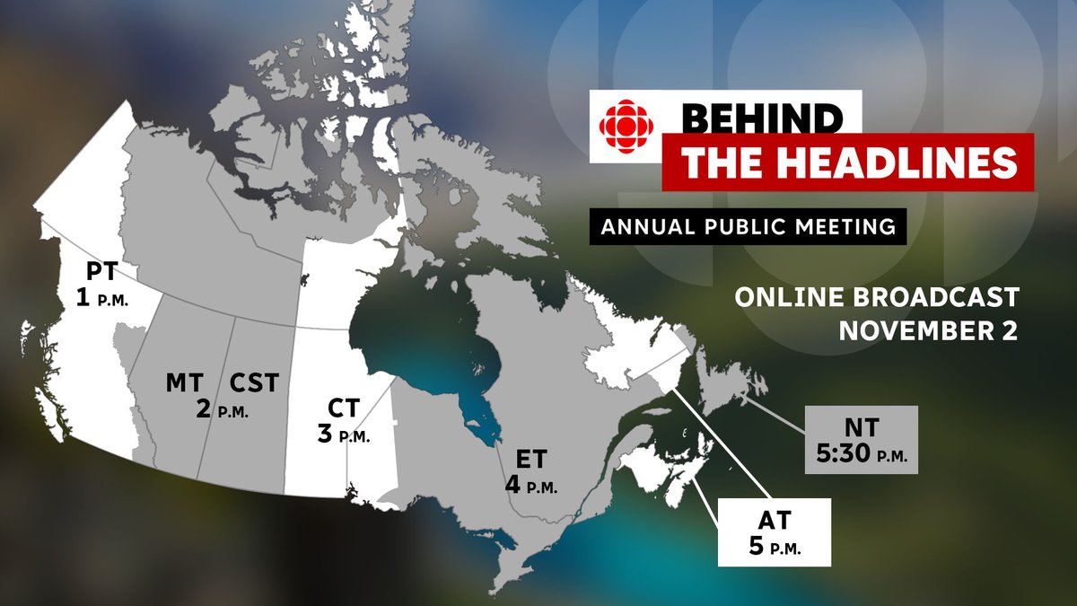 CBCRadioCanada's tweet photo. Join us for the online broadcast of our Annual Public Meeting on November 2 from anywhere in the country 📡 🌎 
→ https://t.co/xb1v7nVkax

#CBCAPM https://t.co/osRp3R8OBc
