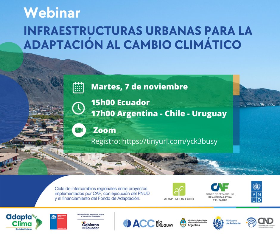 PNUDEcuador's tweet image. #SaveTheDate✍️| Acompáñanos en el #webinar virtual “Infraestructuras urbanas para la adaptación al #cambioclimático”. 

🗓️ Martes, 7 de noviembre  

🕕 15H00 🇪🇨| 17H00 🇦🇷 🇨🇱 🇺🇾 

🔗 Inscripción: tinyurl.com/yck3busy 

¡Te esperamos!
 
@PNUDLAC