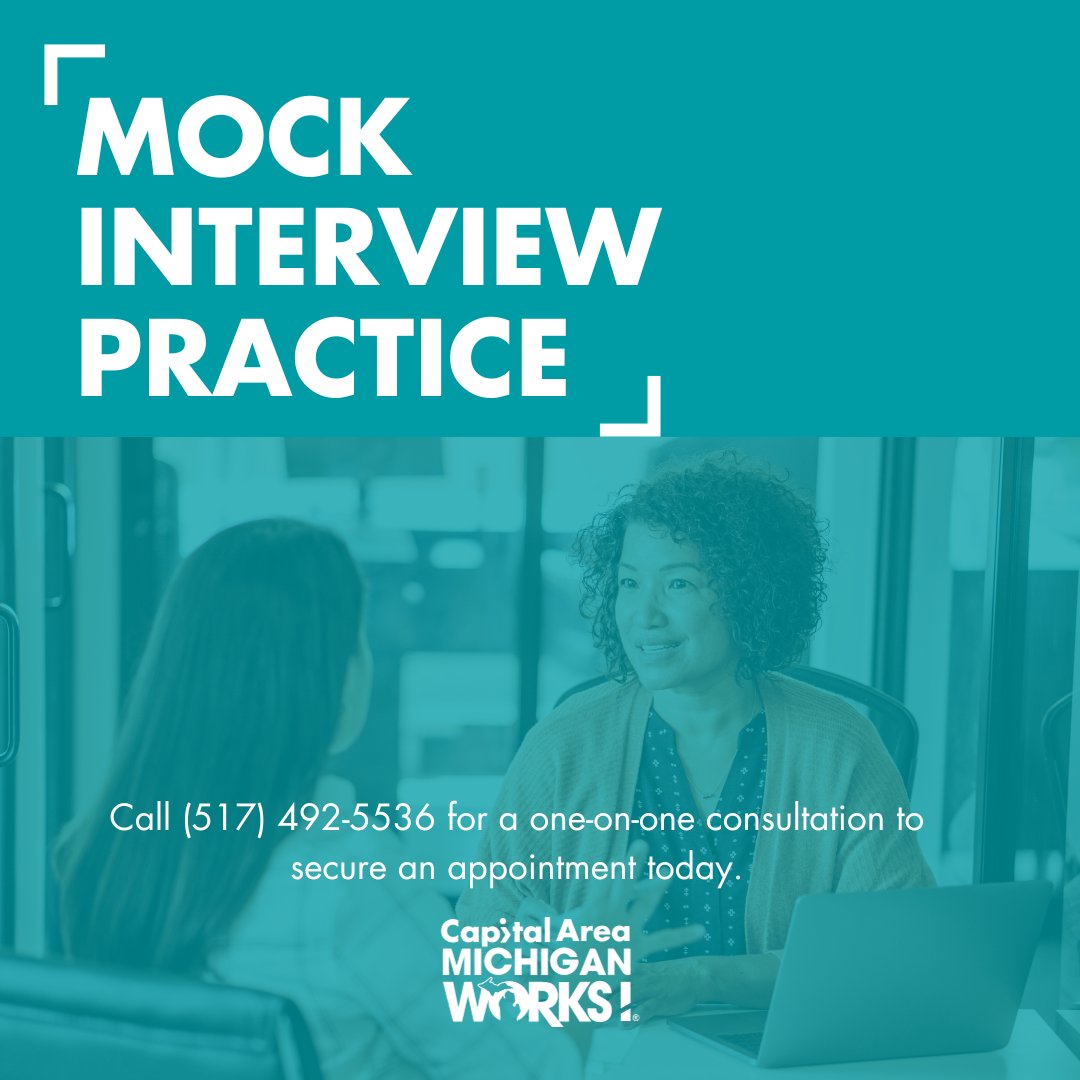 camwjobs's tweet image. Are you in need of interview practice before the big day? Capital Area Michigan Works! offers mock interviews to help you prepare. Call (517) 492-5536 for a one-on-one consultation to secure an appointment today. #MockInterview #Hiring