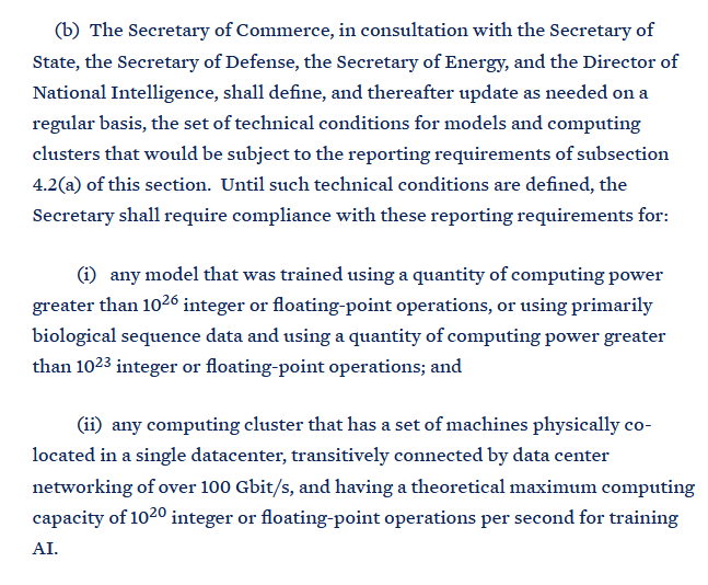 DavidVorick's tweet image. New Executive Order is out. Already one notable item:

Any AI model that required more than 1e26 floating point operations or 1e23 integer operations to build must report to the government.
