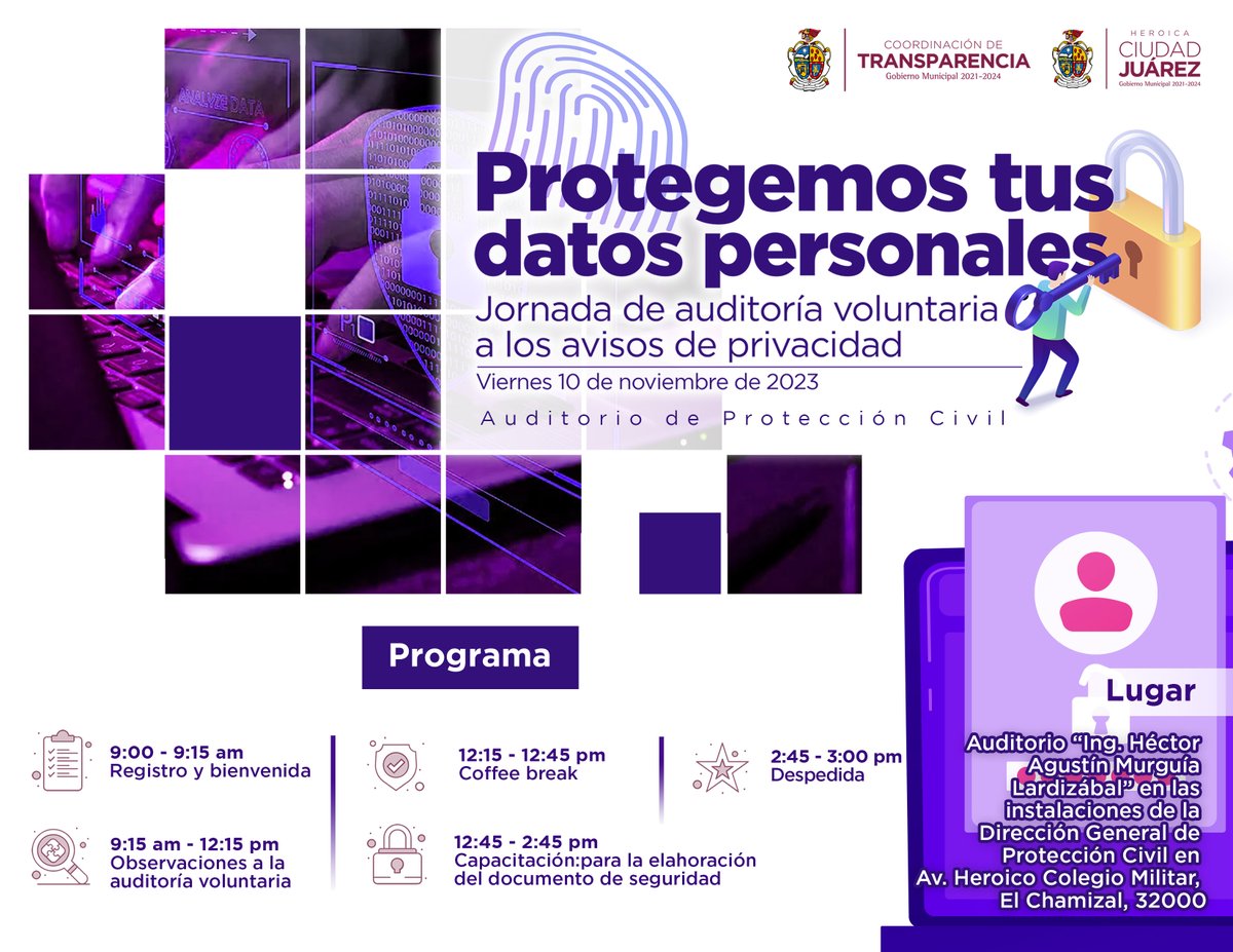Se convoca a todos los titulares de las áreas de la administración municipal y a sus enlaces de transparencia a asistir a "Protegemos tus datos personales: Jornada de auditoría voluntaria a los avisos de privacidad", este próximo viernes 10 de noviembre a partir de las 9 horas.