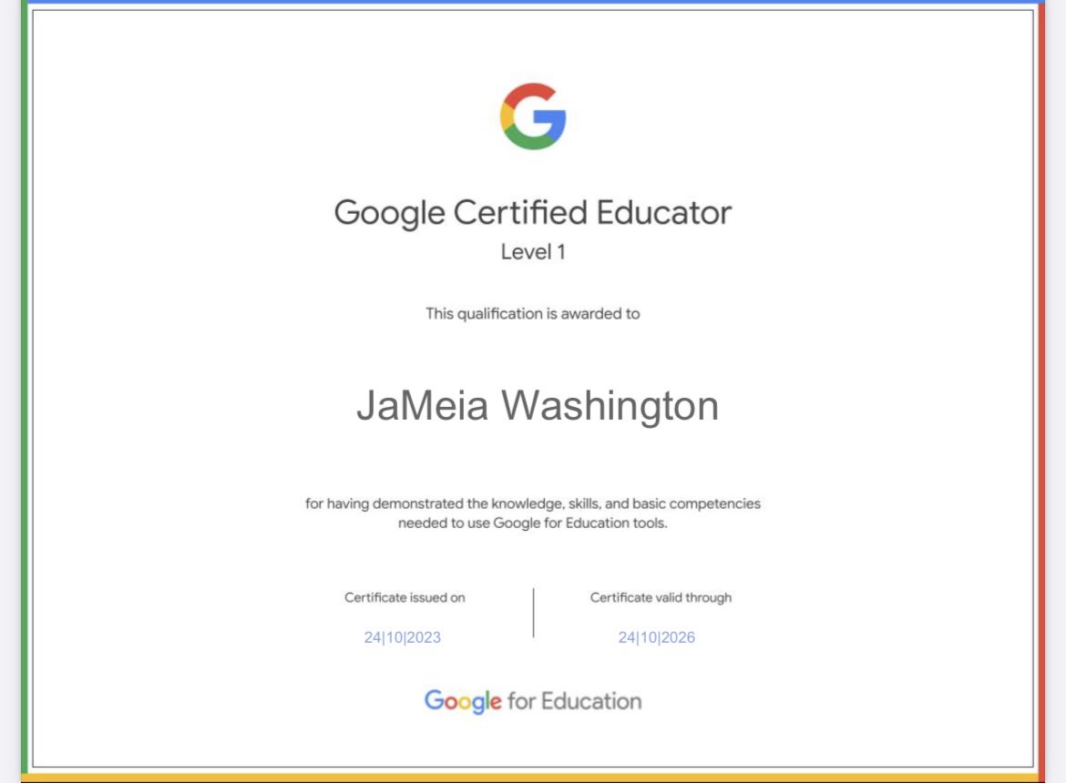 JameiaSantellW's tweet image. My Google for Educators certification is now complete! I gained a ton of knowledge about Google resources and how to implement them in a classroom setting . #EdTechAtLATech