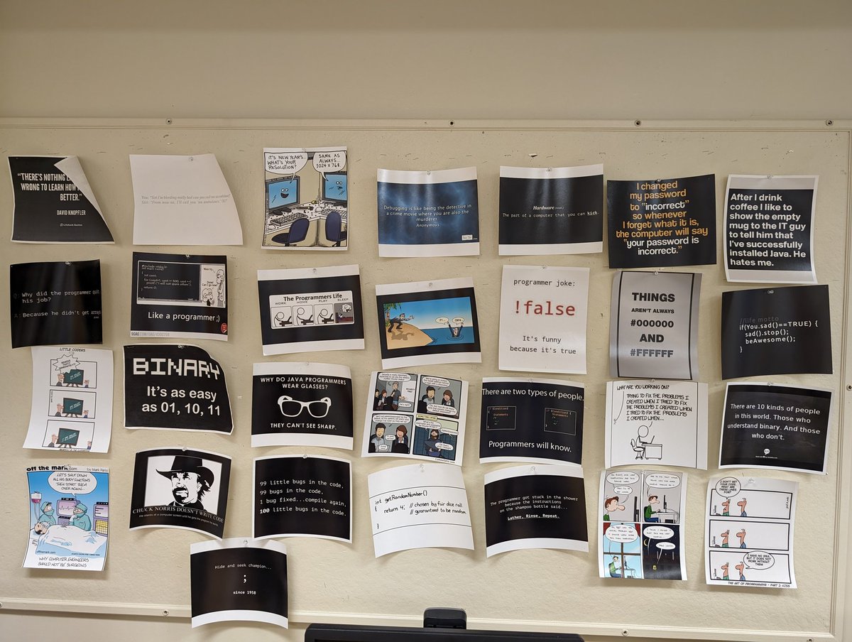 LevelUpLessons's tweet image. My computer science meme wall at school.  Kids give me new ones each year!