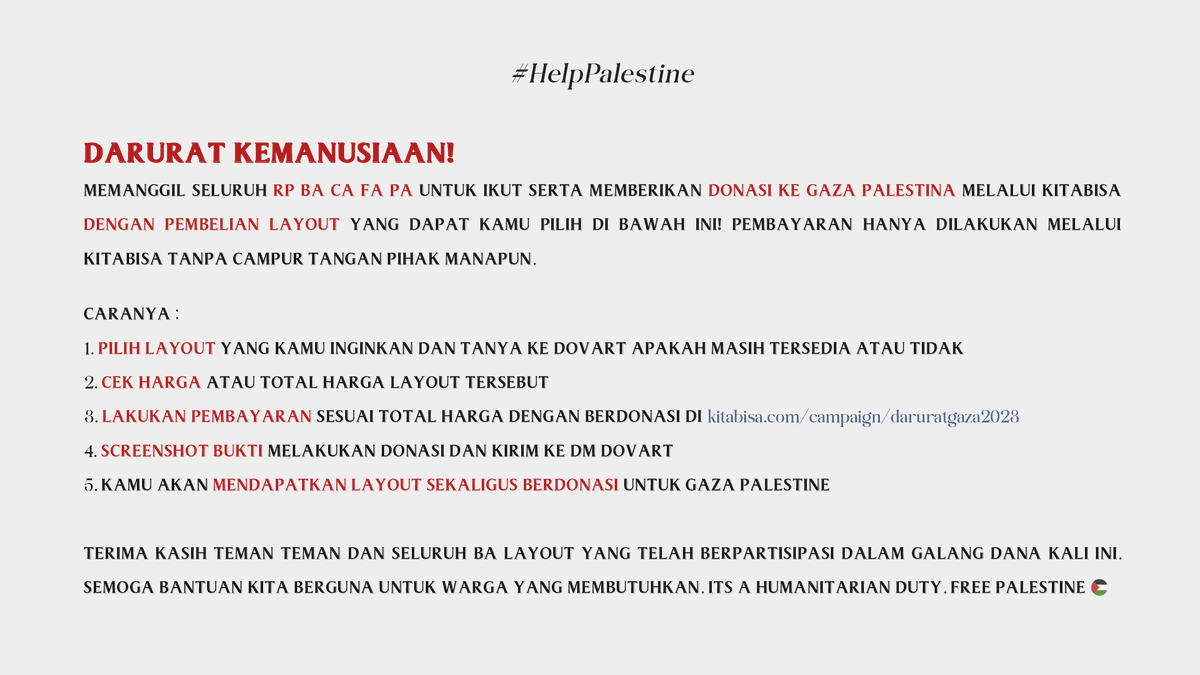 calling all rp ba ca fa pa!

we will be holding a fundraiser for charity to Gaza-Palestine through kitabisa with the purchase of layouts that you can choose below! I will upload the ready stocks layout every 9am, 12pm, or 7pm.

rt will be very grateful.

#HelpPalestine #zonauang