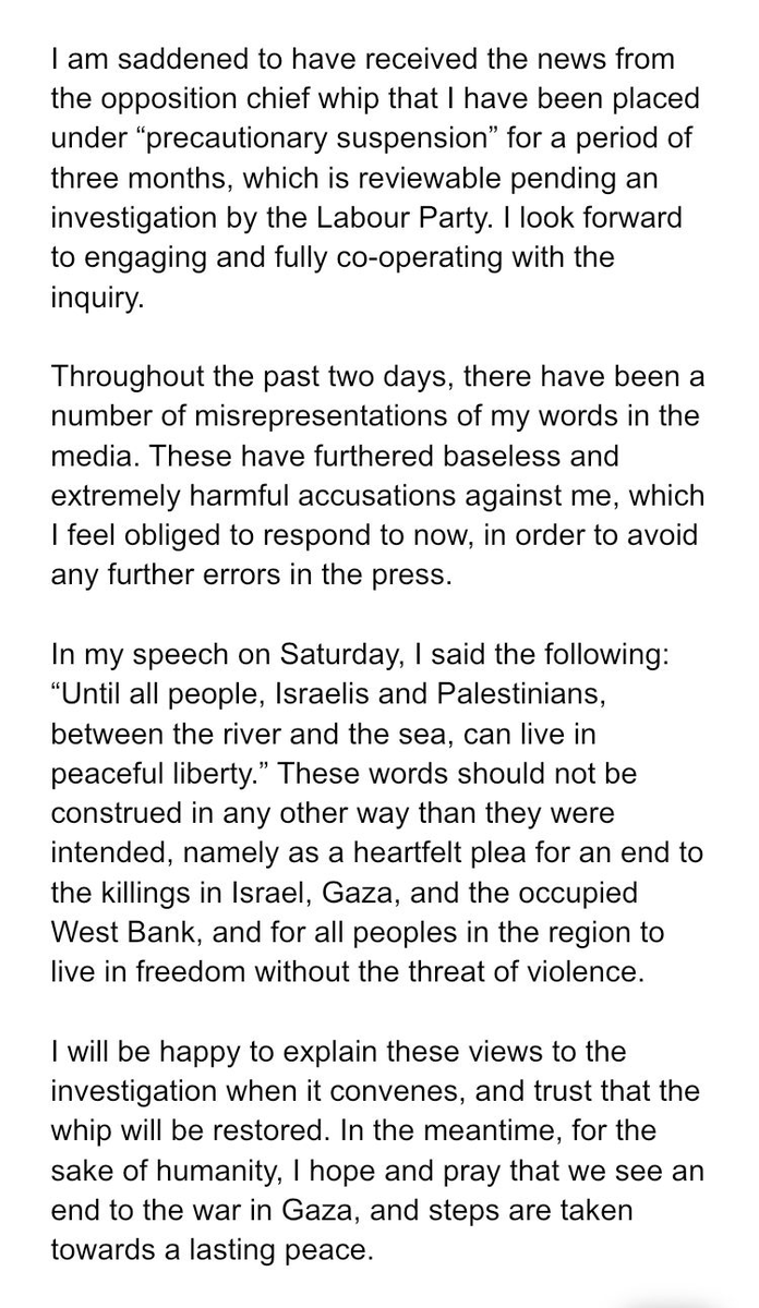 My statement on the news that I have been placed under “precautionary suspension” by the Labour Party👇