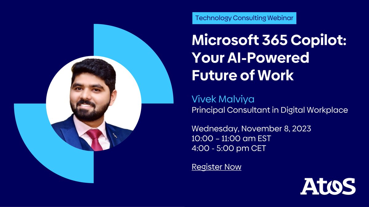 🚀Join our Webinar about #Microsoft365 Copilot on Nov 8, 10 AM EST / 4 PM CET. Our Vivek Malviya will shed light on this new technology and answer your questions. Don't miss this chance to boost productivity and innovation! 📆 atos.net/en/lp/microsof…
#DigitalWorkplace