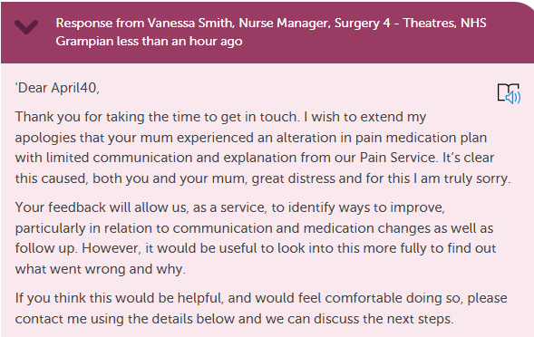 I am impressed and moved by this response today on <a href="/careopinion/">Care Opinion</a>. An authentic, accountable, heartfelt apology is a rare and remarkable thing 💕

careopinion.org.uk/1128206#1132589