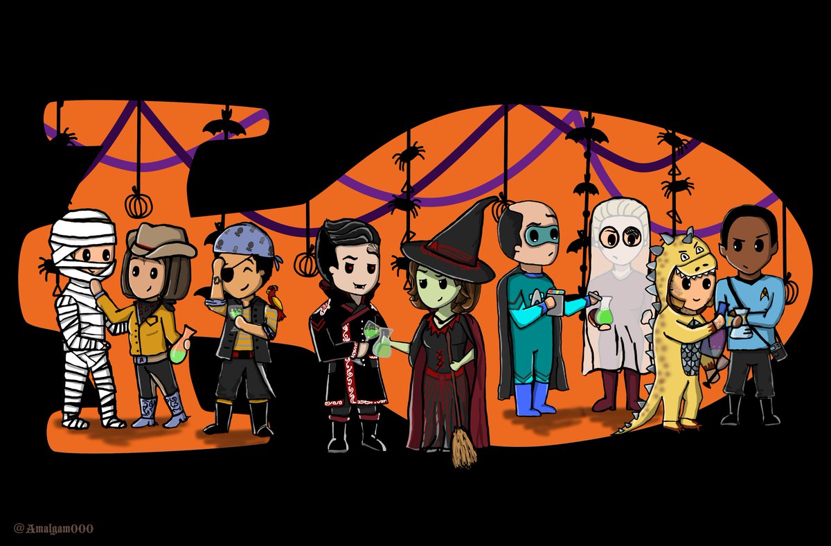 🎃👻 Happy #Halloween! 😈🧛‍♂️🧙‍♀️

(Reposting in case you missed it, and because it's Halloween! 😉)

#CartoonVoyager #StarTrekVoyager #CostumedVoyager #StarTrek #Fanart #janewayxchakotay #JC #TomParis #BElannaTorres #HarryKim #Chakotay #Janeway #EMH #SevenofNine #Neelix #Tuvok