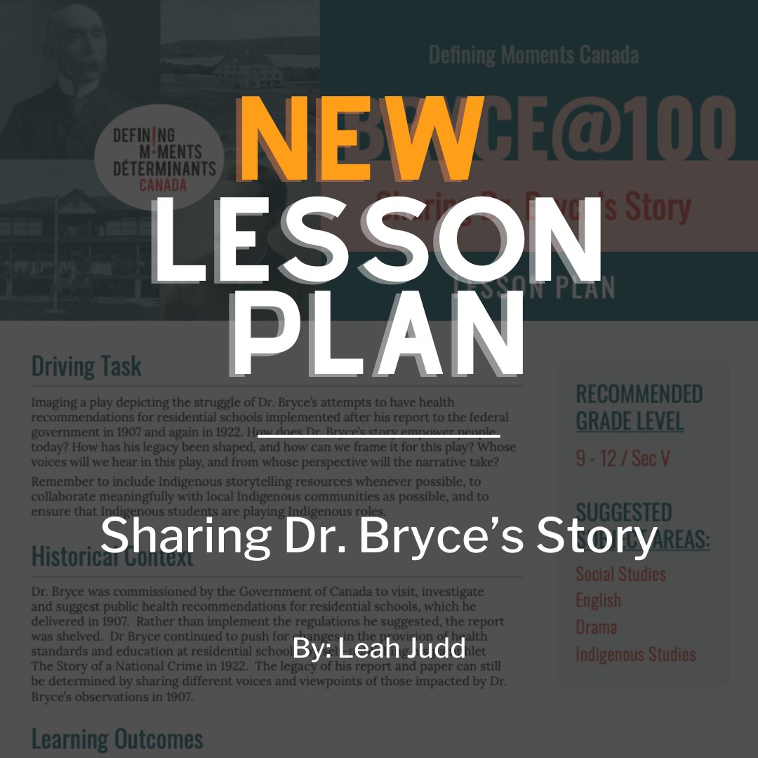 Our latest #Bryce100 lesson plan provides instructions for facilitating a classroom play or podcast presentation about Dr. Bryce's work and legacy while anchoring the lesson in the Truth and Reconciliation Commission's Calls to Action.

Download now: bit.ly/3QjE5D7