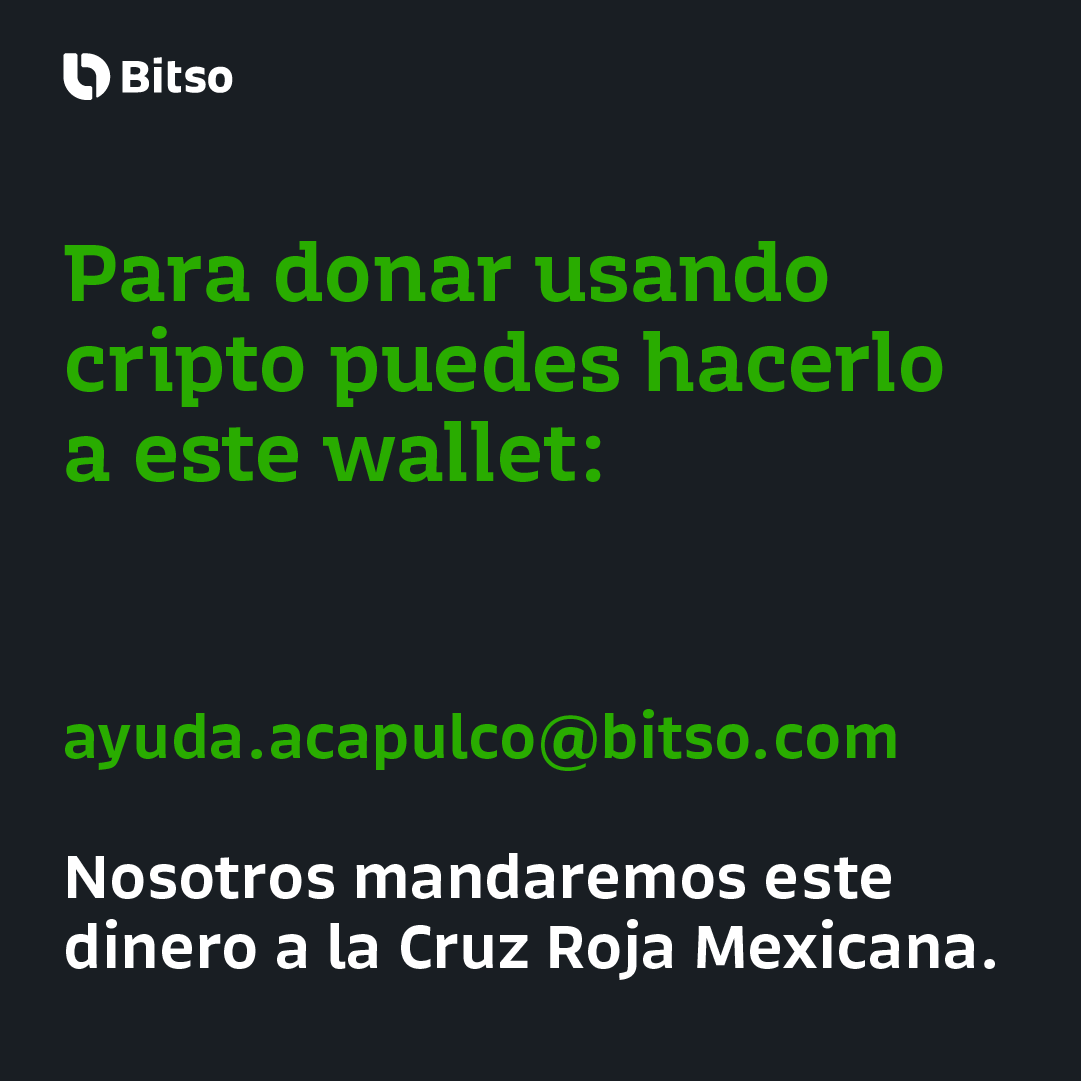 Bitso's tweet photo. Tras el devastador huracán que azotó al estado de Guerrero el pasado miércoles, es momento de ayudar.

Te compartimos varias opciones para donar, y nosotros duplicaremos la cantidad total de donaciones que hagas desde tu cuenta de Bitso. Gracias por tu apoyo. 🇲🇽🙏 https://t.co/pD2HCwSrl7